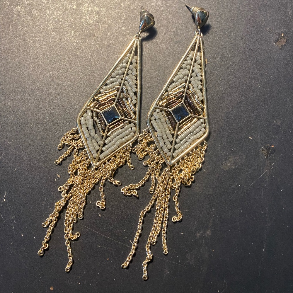 Gold and Grey Boho Beaded Tassel Earrings ✨